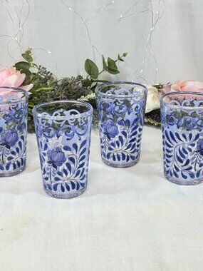Artisan de Luxe Rose Blue SCROLL Acrylic Tall Tumblers Drinking Glasses Set 4